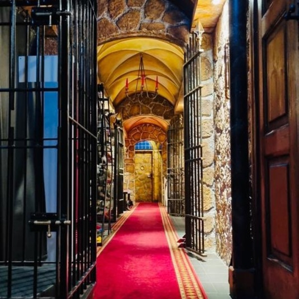 Ein Flur mit rotem Teppich und Eisengittern.